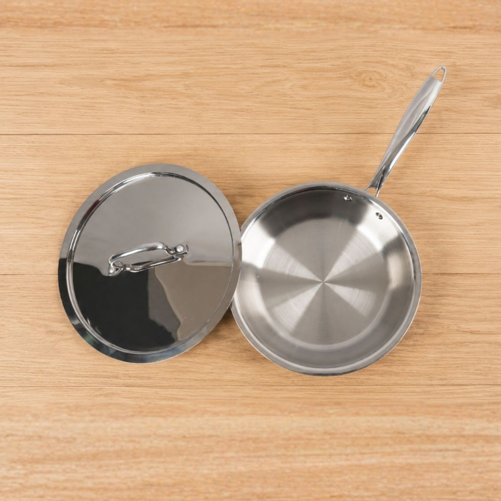 22cm Triply Stainless Steel Frypan With Steel Lid and Free Neem Wood Dosa Flip